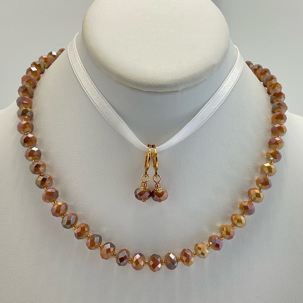 Mocha Mousse Golden Aura Beaded Necklace and Earring Set, Aura Effect, Handmade - Picture 3 of 9